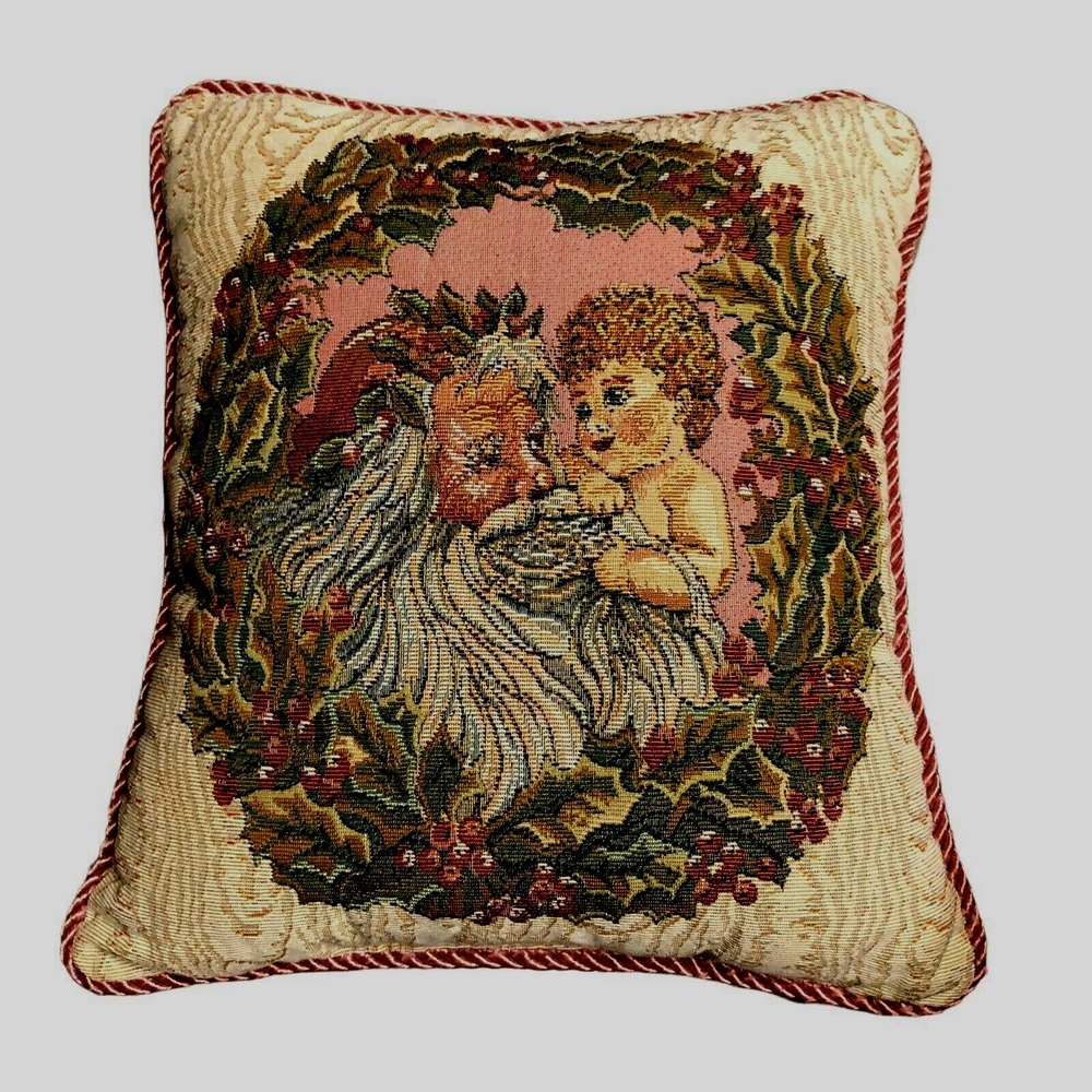 Cherub Santa Christmas Tapestry Pillow‎ Springmaid Wamsutta Braid Vintage USA